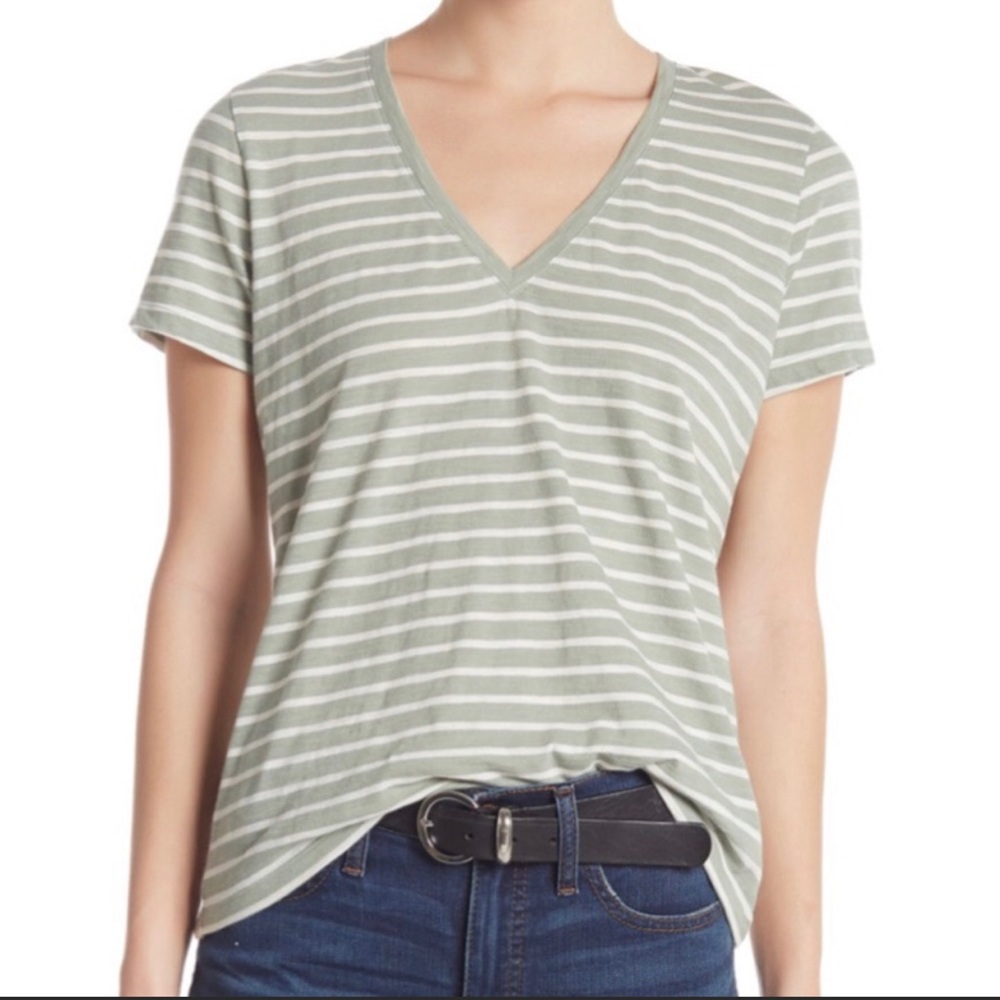 Madewell Sage Green Striped V-neck Tee
